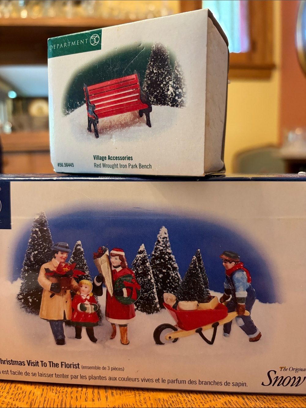 Snow Village “Christmas Visit To the Florist” & Red Park Bench